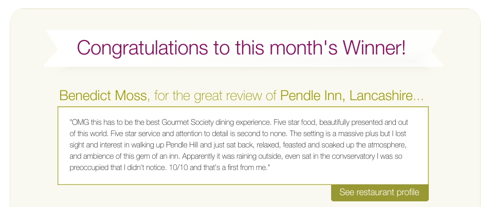 Congratulations to this month's winner, Benedict Moss, for the great review of Pendle Inn, Lancashire...